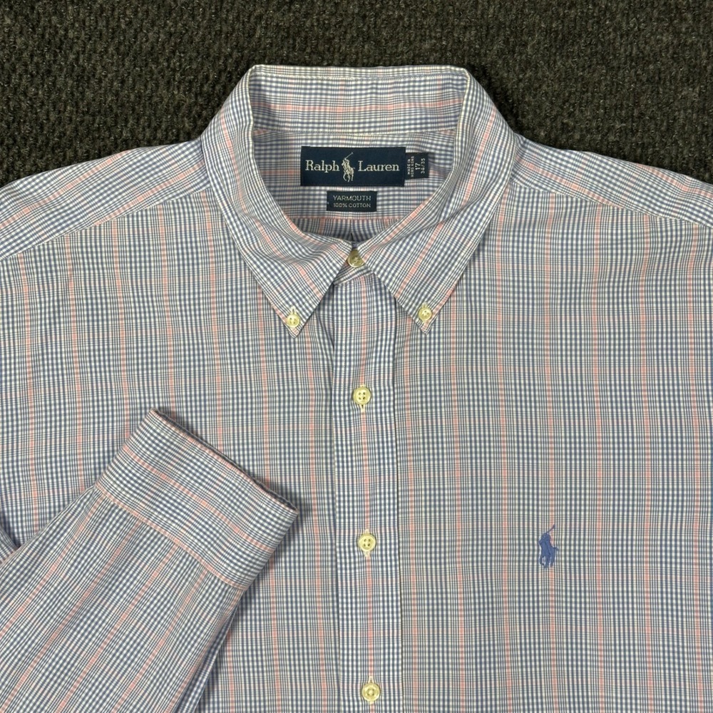 Vintage Polo Ralph Lauren Dress Shirt Men 17 34/35 Yarmouth Blue Pink Plaid Pony